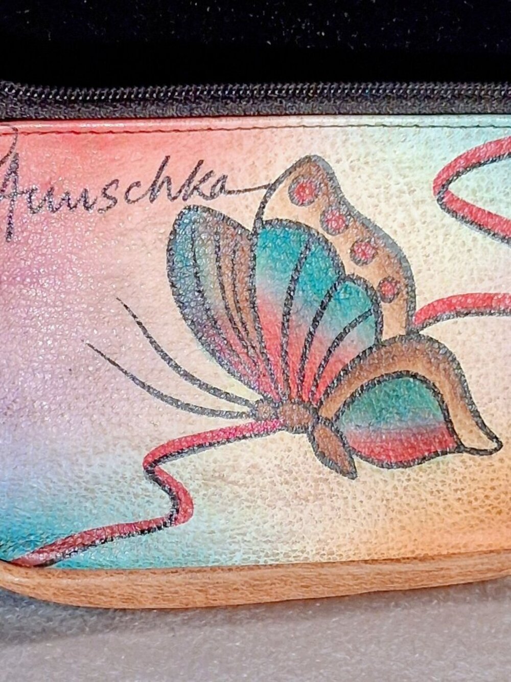 ANUSCHKA HAND PAINTED FLORAL AND BUTTERFLY LEATHER COIN / KEY PURSE - EXCELLENT